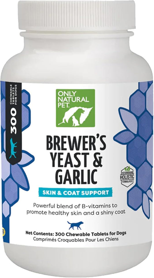 Only Natural Pet Brewer's Yeast & Garlic Chewables - All-Natural Flea & Tick Prevention for Dogs - Fortified with B Vitamins - Promotes Healthy Skin & Coat - 300 Count Tablet (Single)
