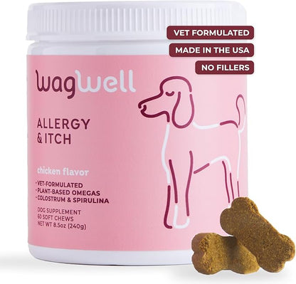 Allergy and Itch Chews – Chicken Flavored Dog Allergy Chews – Plant Based Dog Chews with Colostrum and Spirulina – Dog Skin and Coat Supplement for Itch Relief and Digestive Health, 60 Chews