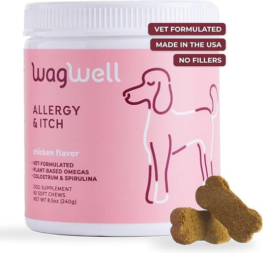 Allergy and Itch Chews – Chicken Flavored Dog Allergy Chews – Plant Based Dog Chews with Colostrum and Spirulina – Dog Skin and Coat Supplement for Itch Relief and Digestive Health, 60 Chews