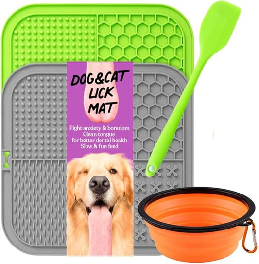 2 Durable Dog Lick Mat w Strong Suction Cups + Collapsible Bowl Bundle | Licking Pad w 4 Different Patterns for Anxious & Bored Pets | Cat Slow Feeder for Peanut Butter & Frozen Treats