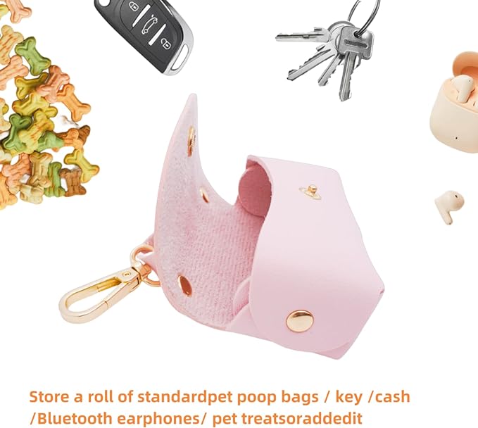 Leather Poop Bag Holder Dispenser for Leash, Portable and Reusable Dog Poop Bag Dispenser, Dog Bag Holder for Walking, Outdoor, Travelling (Pink)