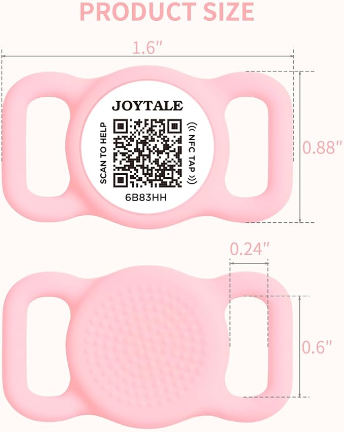 Joytale [ NO APP Required ] Silent Silicone QR Code Dog Tag, Slide On Dog Tags for 3/8-5/8 Inch Wide Collars or Vest, NFC Pet Online Profile, Scan QR to Send Location Alert Email, Pink, S