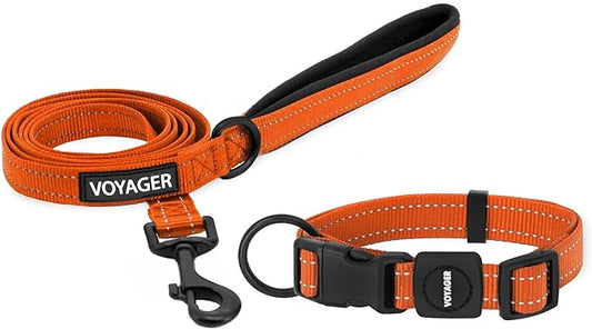 Voyager Reflective Dog Leash Collar Set with Neoprene Handle Supports Small, Medium, and Large Breed Puppies, Cute and Heavy Duty for Walking, Running, and Training - Orange, L