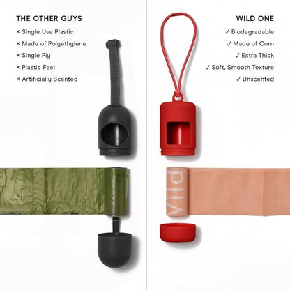 Wild One Dog Poop Bag Holder and Dispenser with Leash Attachment, Leak Proof, Easy Twist Top for Refills, Includes 1 Box Poop Bags, Strawberry