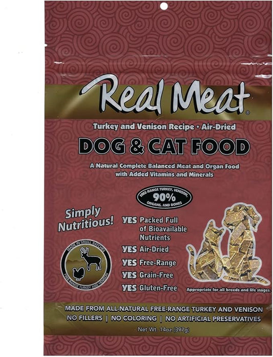 Real Meat Air Dried Cat Food & Dog Food w/Real Turkey & Venison - 14oz of USA-Crafted Grain-Free Dry Dog & Cat Food Sourced from All-Natural Free-Range Venison & Turkey - High Protein Pet Food