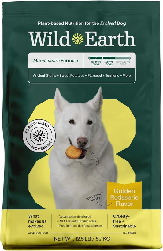 Wild Earth Vegan Dry Dog Food | Plant-Based Maintenance Formula | Vegetarian, Allergy Relief, Veterinarian-Developed for Complete Nutrition | Golden Rotisserie Flavor, 12.5 Pound Bag