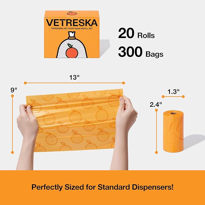 VETRESKA Citrus Scented Dog Poop Bags, Leak Proof, Extra Thick and Large Pet Waste Bags for Dogs Walking, Cat Litter and Babies' Diaper, 300 Count Bags (20 Refill Rolls)， Orange