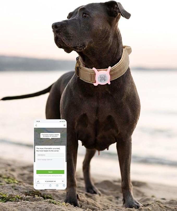 Joytale [ NO APP Required ] Silent Silicone QR Code Dog Tag, Slide On Dog Tags for 1.2-1.6Inch Wide Collars or Vest, NFC Pet Online Profile, Scan QR to Send Location Alert Email, Pink, L