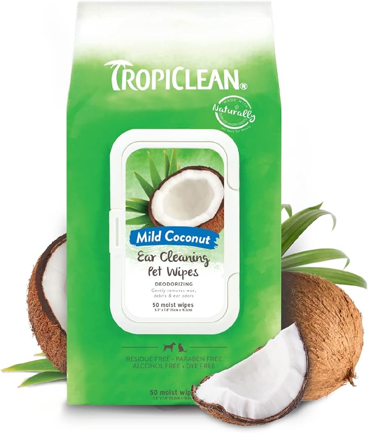 TropiClean Mild Coconut Dog Ears Cleaning Wipes | Ear Wipes for Dogs & Cats | Deodorizing Pet Ear Wipes Derived from Natural Ingredients | 50 Count