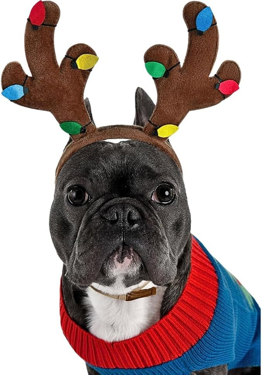 Adorable Reindeer Pet Hat - 1 Pc - Cozy Brown Fabric - Perfect Holiday Accessory for Your Pet, XS/S - 8" x 8"