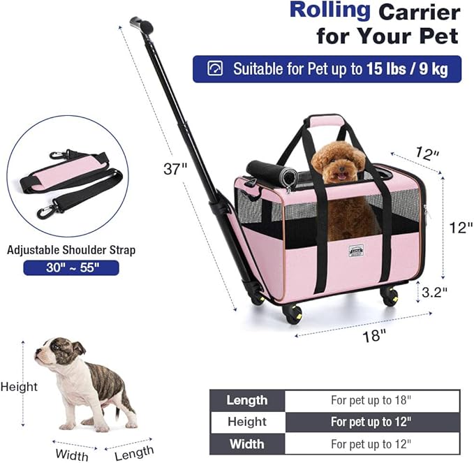 Lekesky Wheeled Pet Carrier Airline Approved, Small Dog Carrier for Puppy and Kitten 15 Lbs, Pet Carrier for Cat, Soft Cat Carrier with Wheels, Collapsible Cat Carrier Bag, Pink