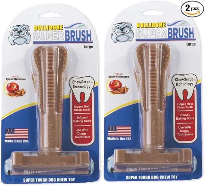 Bullibone SuperBrush: Dog Teeth Cleaning Brushing Toothbrush Stick - Long Lasting Nylon Apple Cinnamon Chew Toy for Oral Care and Dental Health