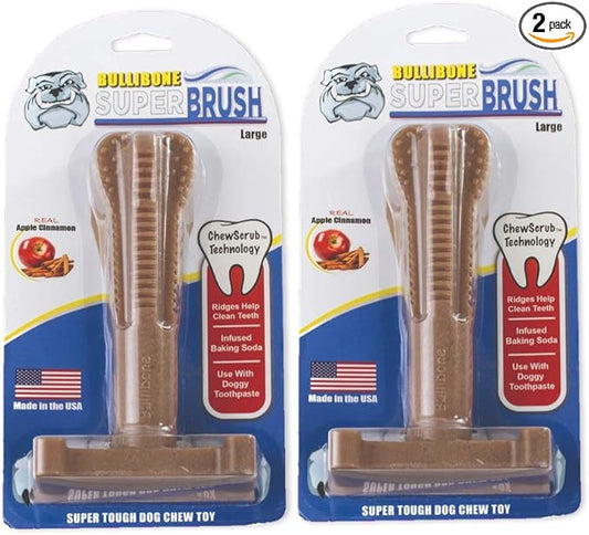 Bullibone SuperBrush: Dog Teeth Cleaning Brushing Toothbrush Stick - Long Lasting Nylon Apple Cinnamon Chew Toy for Oral Care and Dental Health