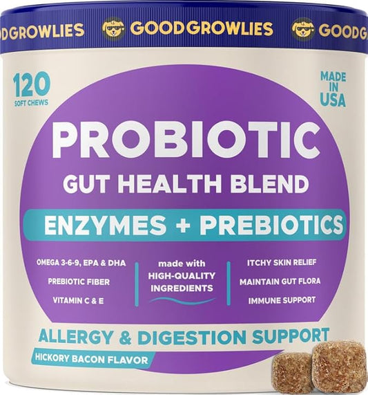 Probiotics for Dogs + Digestive Enzymes - Omega & Pumpkin - Gut Health & Immunity Support - Relieves Diarrhea, Gas, Constipation, Improve Digestion - Made in USA - 100 ct - Turkey