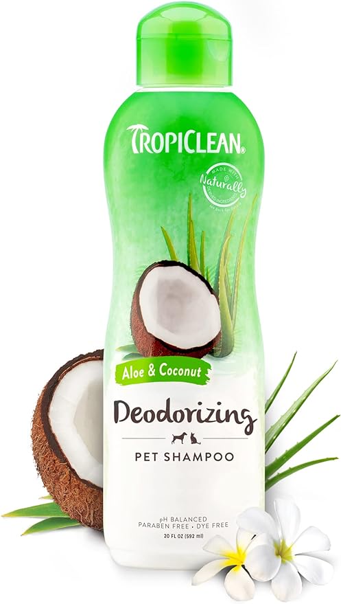 TropiClean Aloe & Coconut Deodorizing Dog Shampoo for Smelly Dogs | Odor Control Shampoo for Stinky Dogs | Natural Pet Shampoo Derived from Natural Ingredients | Cat Friendly | Made in the USA | 20 oz