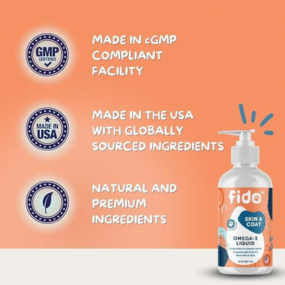 Fido Omega 3 Fish Oil for Dogs, 8 oz | EPA & DHA-Enriched for Skin, Coat, Joint & Heart Health | Tasty Supplement for All Breeds | Made in USA | Ideal for Sensitive Skin