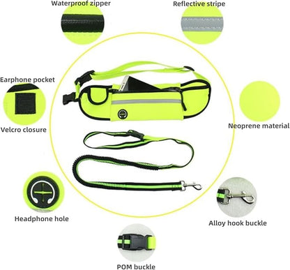 Hands Free Dog Leash with Pouch,Adjustable Waist Belt Fanny Pack Dual-Handle Reflective Bungee Leash for Medium to Large Dogs for Running Walking Training Jogging,Blue