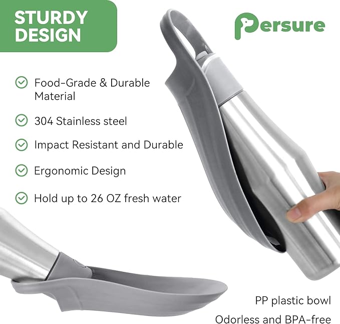 Dog Water Bottle, Portable Dog Water Bottle Dispenser - 27 OZ Stainless Steel Leak-Proof Water Bottle for Dogs On The Go, Perfect for Travel, Walking, Hiking and Outdoor Activities, Gray