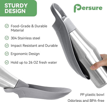 Dog Water Bottle, Portable Dog Water Bottle Dispenser - 27 OZ Stainless Steel Leak-Proof Water Bottle for Dogs On The Go, Perfect for Travel, Walking, Hiking and Outdoor Activities, Gray
