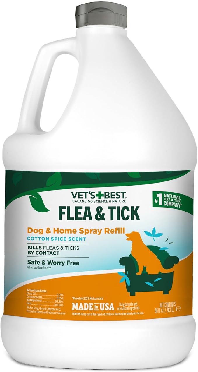 Vet’s Best Flea & Tick Home Spray Refill for Dogs – Cotton Spice Scent Dog Flea & Tick Aid – Made in The USA – Flea & Tick Home Spray – Flea Protection for Dogs – 96 oz