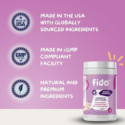Fido Steady Stomach Probiotic Soft Chews, Chicken Flavor, 60 Chews | Organic Digestive Supplements | Supports Gut Health & Sensitive Stomachs | Veterinarian Approved for All Life Stages