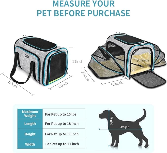 Pet Carrier Airline Approved, Expandable Foldable Soft-Sided Dog Carrier, 3 Open Doors, 2 Reflective Tapes, Pet Travel Bag Safe and Easy for Cats and Dogs