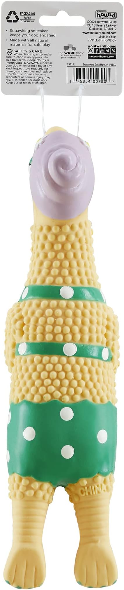 Outward Hound Squawkers Grandma Hippie Chick Latex Rubber Chicken Interactive Dog Toy, Large