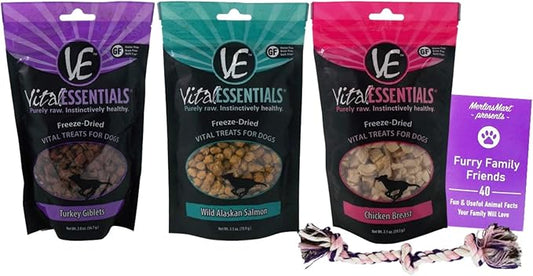 Vital Essentials Freeze-Dried Raw Dog Treats 3 Flavor Variety - (1) Each: Turkey Giblets, Salmon Bites, Chicken Breast (2-2.5 Ounces) - Plus Rope Toy and Fun Animal Facts Booklet Bundle