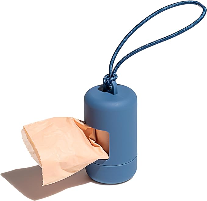 Wild One Dog Poop Bag Holder and Dispenser with Leash Attachment, Leak Proof, Easy Twist Top for Refills, Includes 1 Roll Poop Bags, Blue