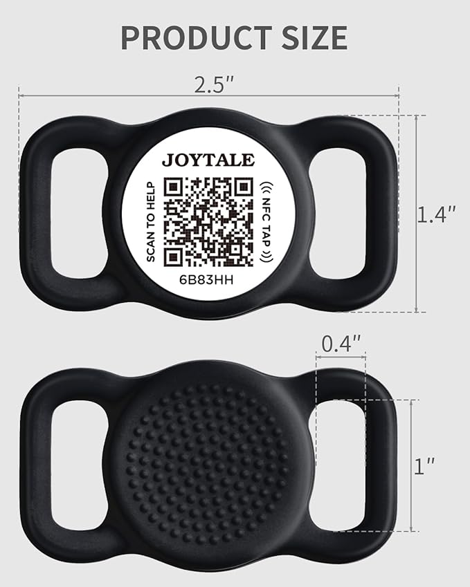 Joytale [ NO APP Required ] Silent Silicone QR Code Dog Tag, Slide On Dog Tags for 1 Inch Wide Collars or Vest, NFC Pet Online Profile, Scan QR to Send Location Alert Email, Black, M