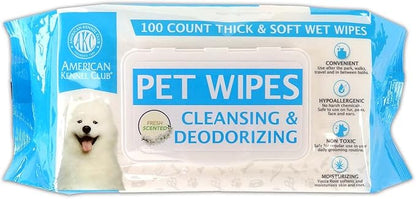 American Kennel Club AKC Dog Wipes for Cleansing & Deodorizing great for Face, Ears, Paws, Body, & Butt - Fresh Scented - 100pk