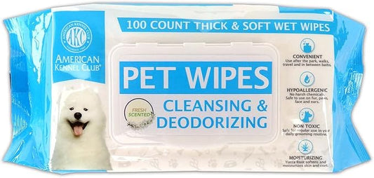 American Kennel Club AKC Dog Wipes for Cleansing & Deodorizing great for Face, Ears, Paws, Body, & Butt - Fresh Scented - 100pk