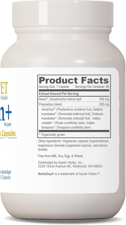 Ayush Pet Skin Plus, Neem Supplement for Healthy Skin and Coat, Supports Gut and Immunity, 90 Capsules