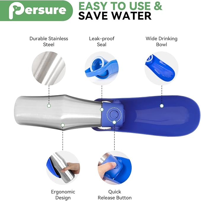 Dog Water Bottle, Portable Dog Water Bottle Dispenser - 27 OZ Stainless Steel Leak-Proof Water Bottle for Dogs On The Go, Perfect for Travel, Walking, Hiking and Outdoor Activities (2-Pack Blue)