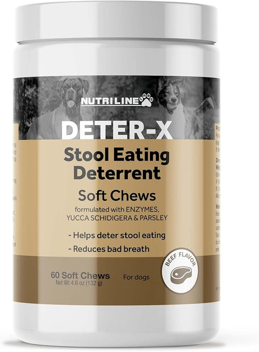 Deter-X Dog Poop Eating Deterrent - Chew Treats for Poo Eating Prevention - Yucca, Parsley, Chamomile, Digestive Enzymes, Prebiotics, Probiotics for Dogs - Puppy & Dog Stuff - 60 Bites