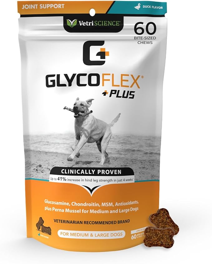 VetriScience GlycoFlex Plus Hip and Joint Supplement for Dogs – Extra-Strength Joint Support Chews with Green Lipped Mussel, Chondroitin, and Glucosamine for Dogs