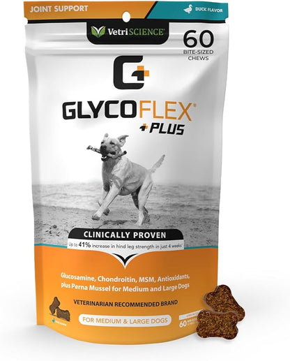 VetriScience GlycoFlex Plus Hip and Joint Supplement for Dogs – Extra-Strength Joint Support Chews with Green Lipped Mussel, Chondroitin, and Glucosamine for Dogs