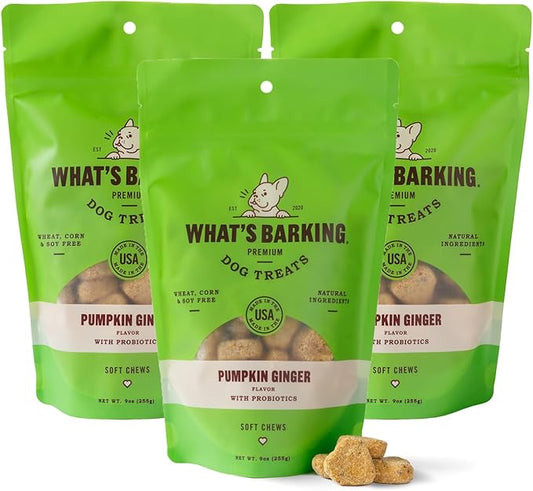 What's Barking Pumpkin Ginger Soft Chews - Premium Chewy Dog Treats, Probiotic, Natural Ingredients, No Wheat, Made in USA - 6 oz (Pack of 3)