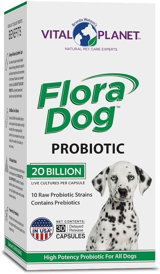 Vital Planet - Flora Dog Probiotic Capsules Supplement with 20 Billion Cultures and 10 Strains, High Potency Immune and Digestive Support Probiotics for Dogs, 30 Delayed Release Capsules
