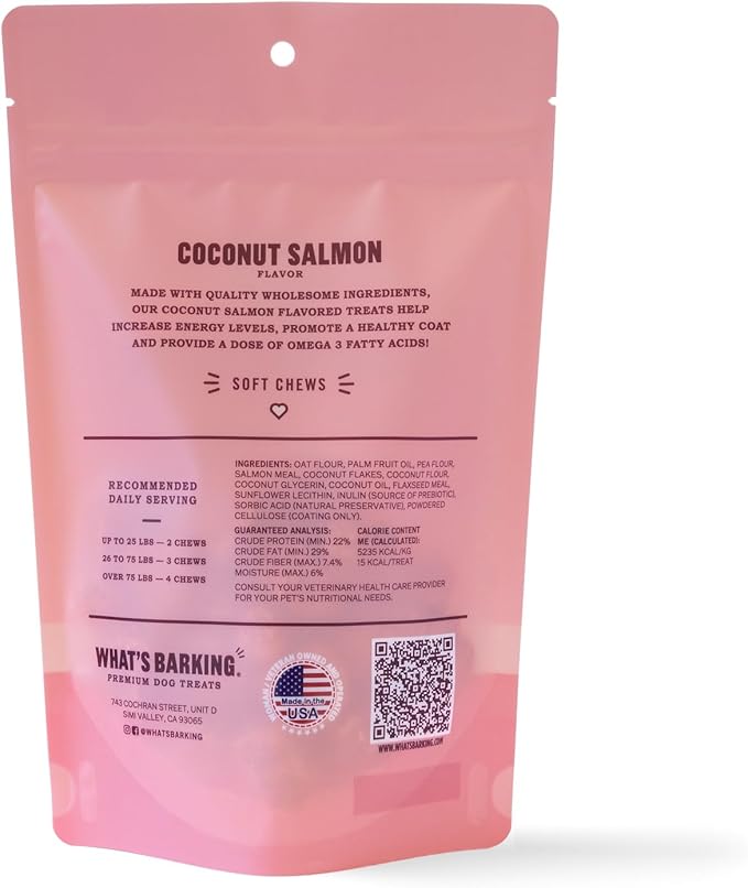 What's Barking Coconut Salmon Soft Chews - Premium Chewy Dog Treats, Omega 3, Natural Ingredients, No Wheat, Made in USA - 9 oz (Pack of 1)