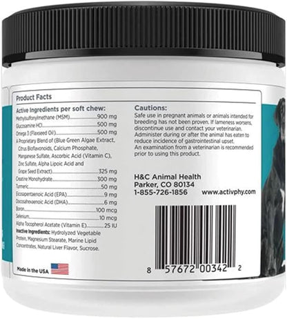 Hip + Joint Supplement with Glucosamine, MSM, Omega 3s, and Turmeric, Normal Inflammatory Response, Antioxidants, Made in USA, For Dogs , 75 ct