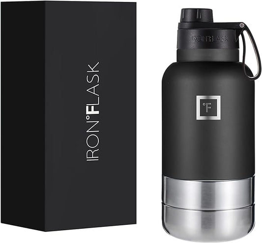 IRON °FLASK Portable Dog Water Bottle & Bowl - All-in-One Travel Accessories Pet Food & Liquids for Car, Hiking, Camping - Leak-Proof, Double Walled, Insulated - 32 oz, 2 Dog Bowls - Midnight Black