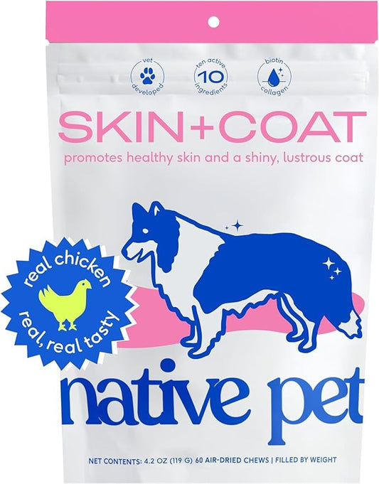 Native Pet Skin and Coat Chews for Dogs - Made with Wild-Caught Salmon Oil for Dogs Skin and Coat - Omega 3 for Dogs - Dog Shedding Supplement and Dog Hair Loss Treatment (30 Chews)