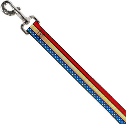 Buckle-Down Dog Leash Wonder Woman Stripe Stars Red Gold Blue White 4 Feet Long 0.5 Inch Wide, Multicolor (DL-WWW031-N)