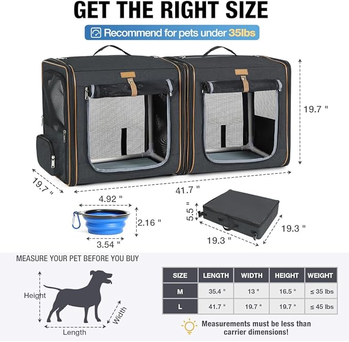 Lekereise 2-in-1 Cat,Dog Carrier for Small Medium Large Pets up to 45 Lbs, (20.85"*2)*19.7"*19.7" Car Travel Carrier with Litter Box, Bowl, and Locking Zipper - Black