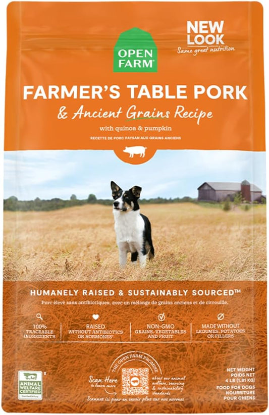 Open Farm Ancient Grains Dry Dog Food, Humanely Raised Meat Recipe with Wholesome Grains and No Artificial Flavors or Preservatives (Farmer’s Table Pork Ancient Grain, 4 Pound (Pack of 1))