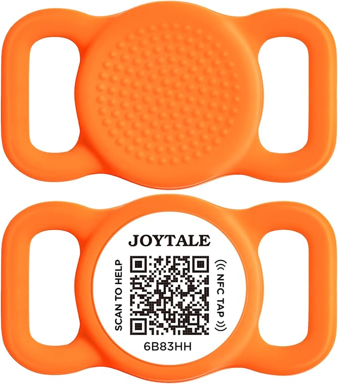 Joytale [ NO APP Required ] Silent Silicone QR Code Dog Tag, Slide On Dog Tags for 3/8-5/8 Inch Wide Collars or Vest, NFC Pet Online Profile, Scan QR to Send Location Alert Email, Orange, S