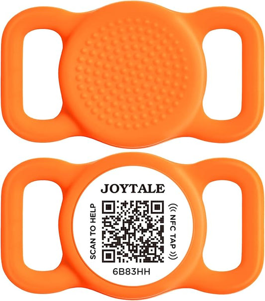 Joytale [ NO APP Required ] Silent Silicone QR Code Dog Tag, Slide On Dog Tags for 3/8-5/8 Inch Wide Collars or Vest, NFC Pet Online Profile, Scan QR to Send Location Alert Email, Orange, S