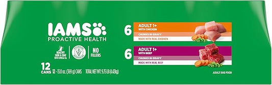 Iams Proactive Health Wet Dog Food, Chicken Chunks in Gravy and Beef Chunks in Gravy, 13 oz., Pack of 12