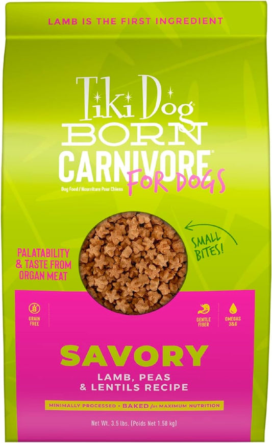 Tiki Dog Born Carnivore for Dogs, Savory Lamb, Peas & Lentils Recipe, Grain Free Baked Kibble for Maximum Nutrition, For Adult Dogs and All Size Breed Dogs, 3.5 lbs. Bag